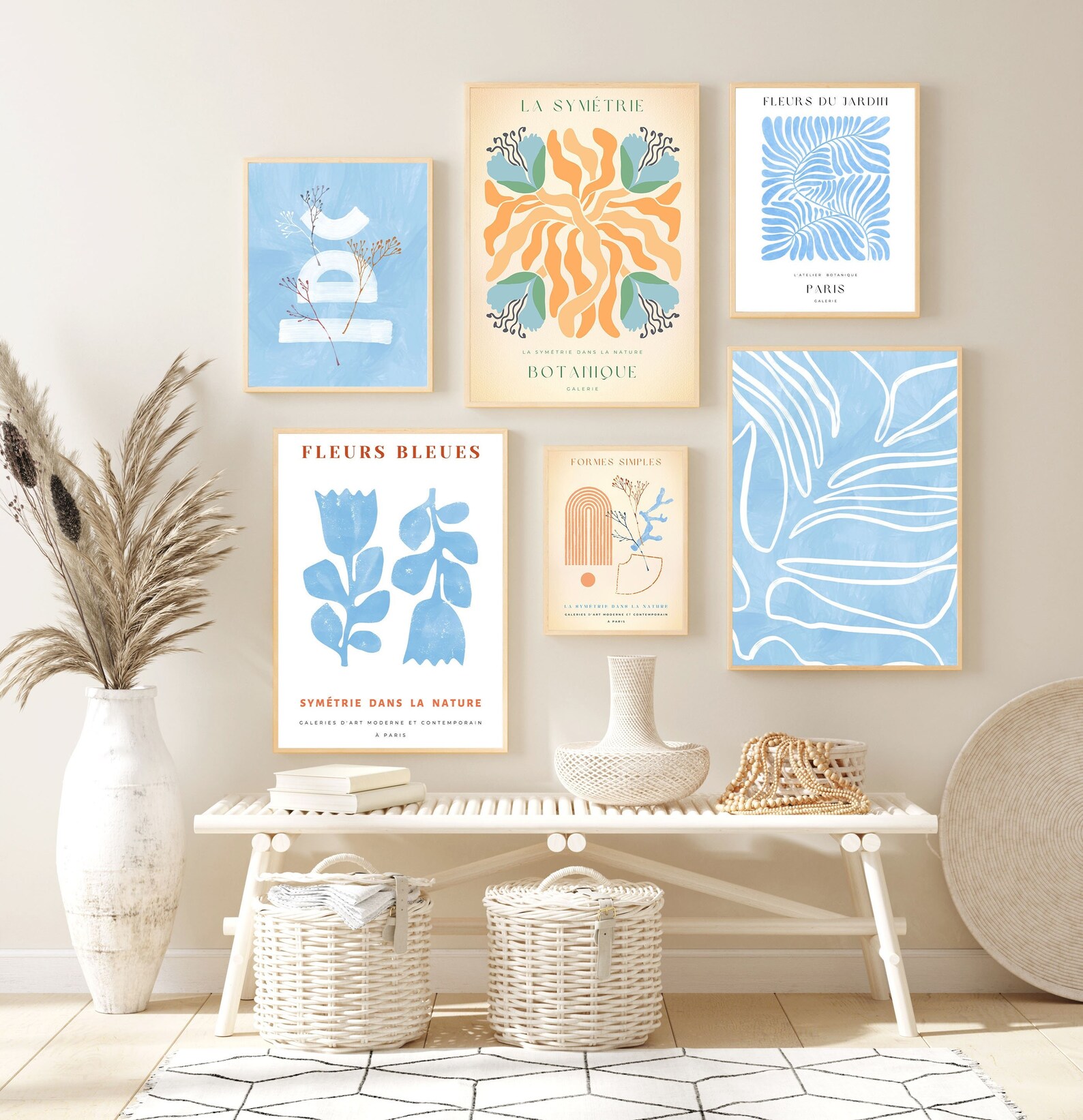 Light Blue Wall Art Set of 6 Boho Botanical Print. Sky Blue Gallery ...
