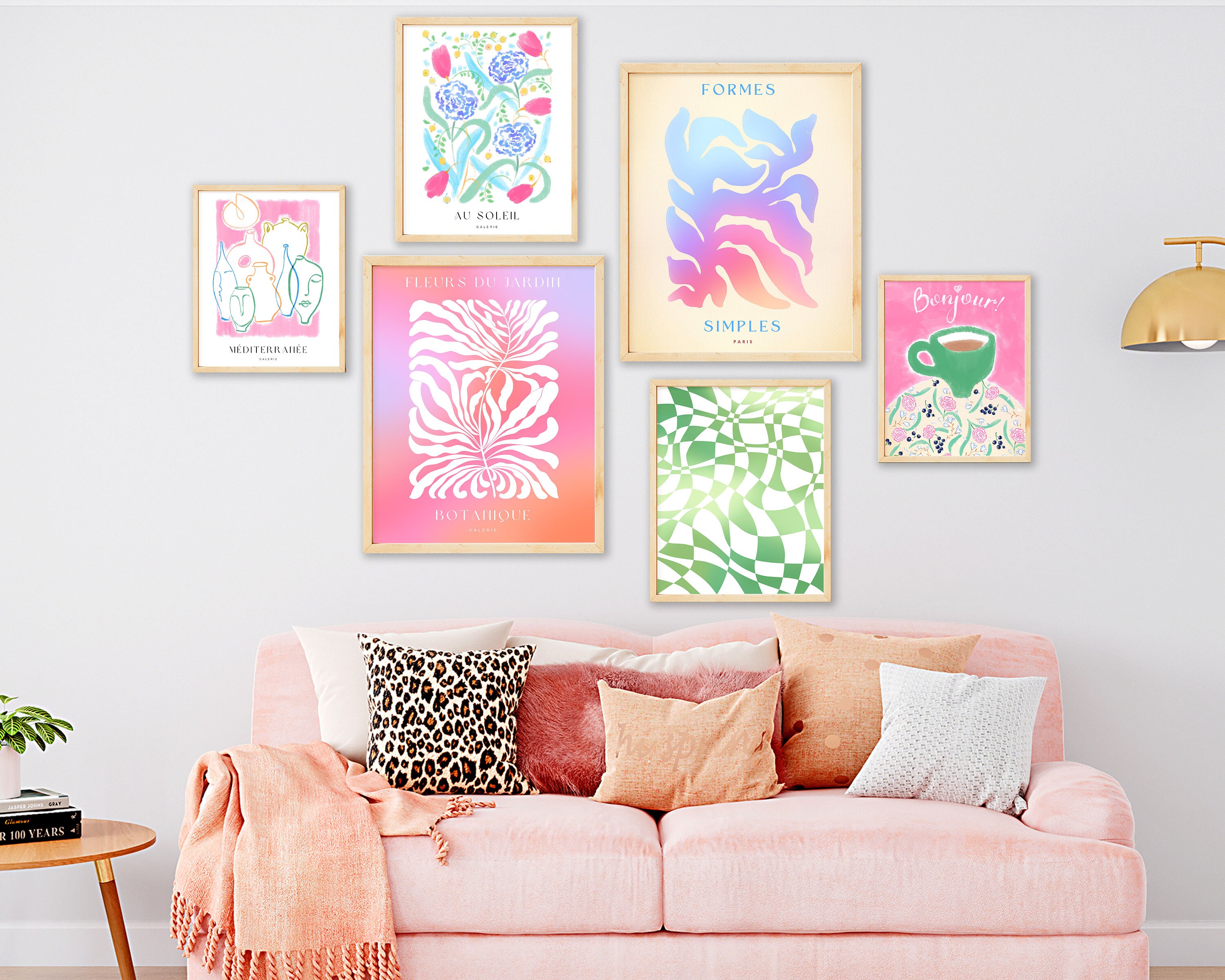 Pink Gallery Wall Set of 6 Prints. Pink and Green Wall Art. Colorful ...