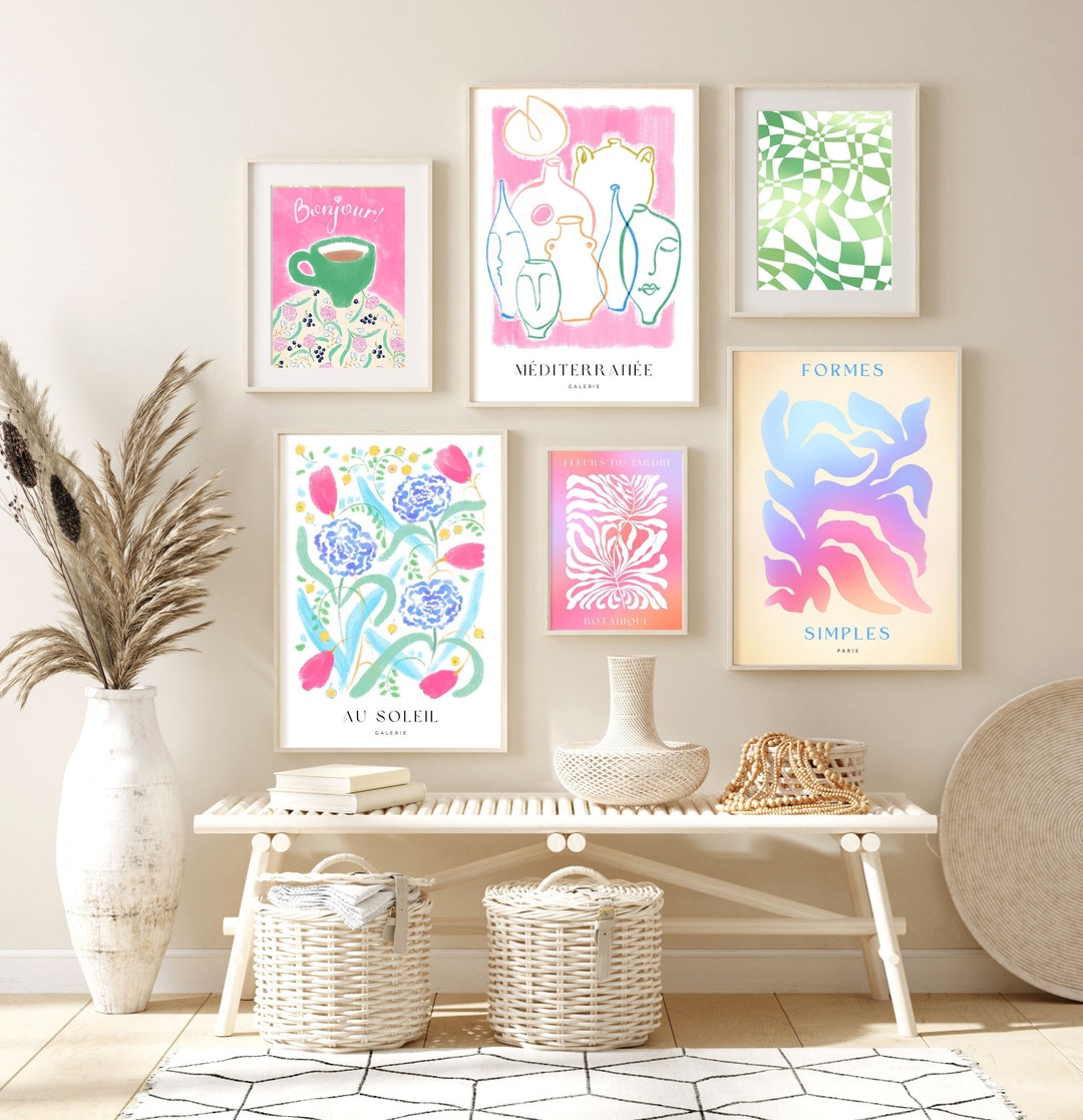 Pink Gallery Wall Set of 6 Prints. Pink and Green Wall Art. Colorful ...