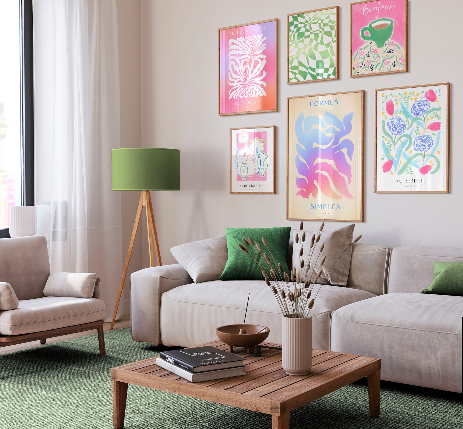 Pink Gallery Wall Set of 6 Prints. Pink and Green Wall Art. Colorful ...