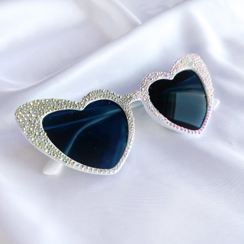 White, heart shaped, bedazzled sunglasses, perfect bridal accessory, bride sunglasses, bachelorette party, bach shops and boujee
