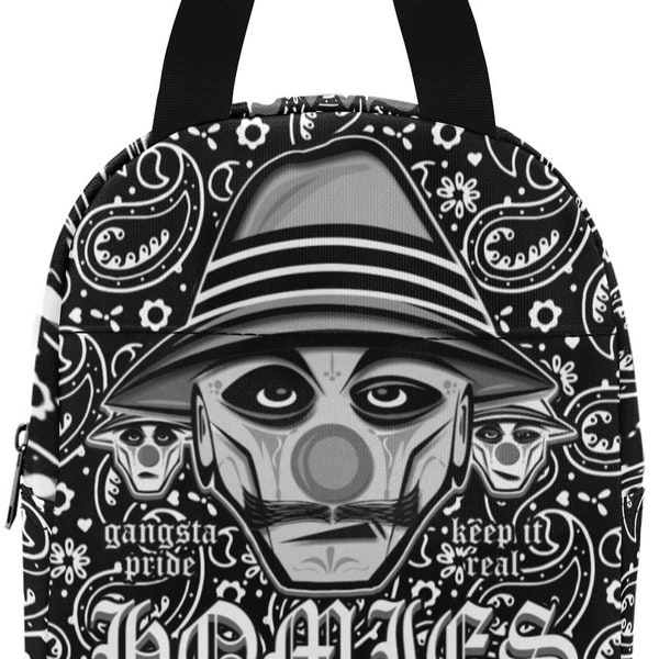 Gangster Lunch Bag Food Bags Picnic Handbag Vatos Locos California Lowrider Gangsta Chicano Gangsters paisley printed printed all over black