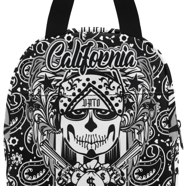 Vatos Locos Lunch Bag Food Bags Picnic Handbag California Lowrider Gangsta Mexican Chicano Gangsters printed printed all over black Paisley