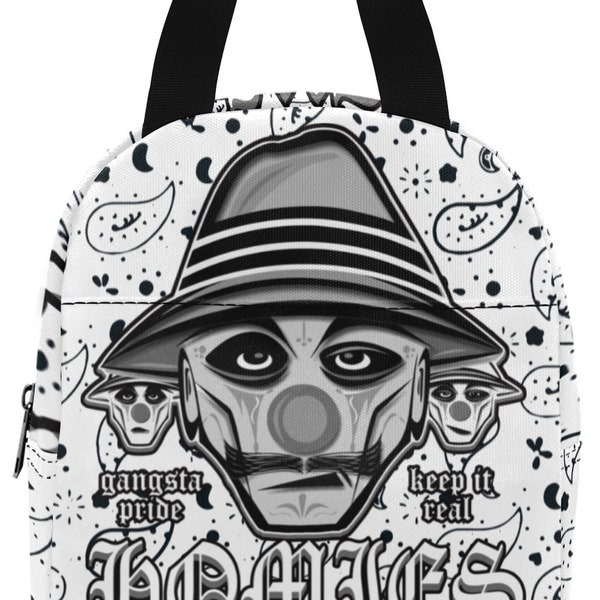 Gangster Lunch Bag Food Bags Picnic Handbag Vatos Locos California Lowrider Gangsta Mexican Chicano Gangsters paisley printed all over black