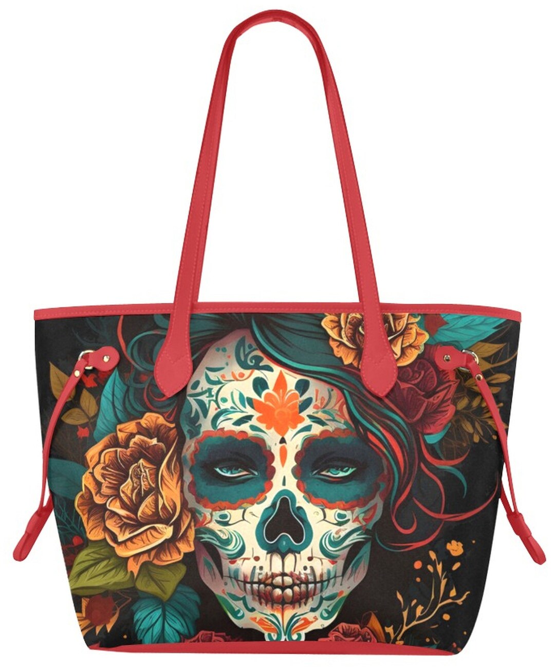 Nacnic Bolsa tote de tela CATRINA CON FLORES ROJAS. Bandolera