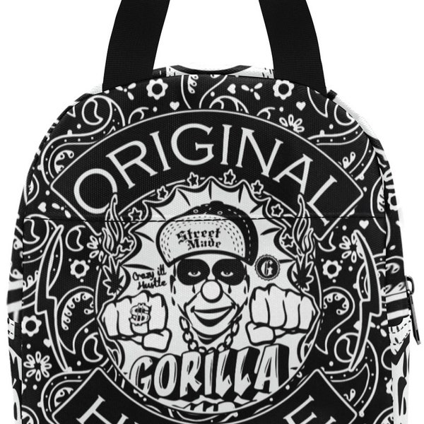 Hustle Lunch Bag Food Bags Picnic Handbag Vato Loco Gangsta Mexican Chicano Gangsters printed printed all over black Paisley