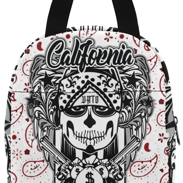 Vatos Locos Lunch Bag Food Bags Picnic Handbag California Lowrider Gangsta Mexican Chicano Gangsters printed printed all over red Paisley