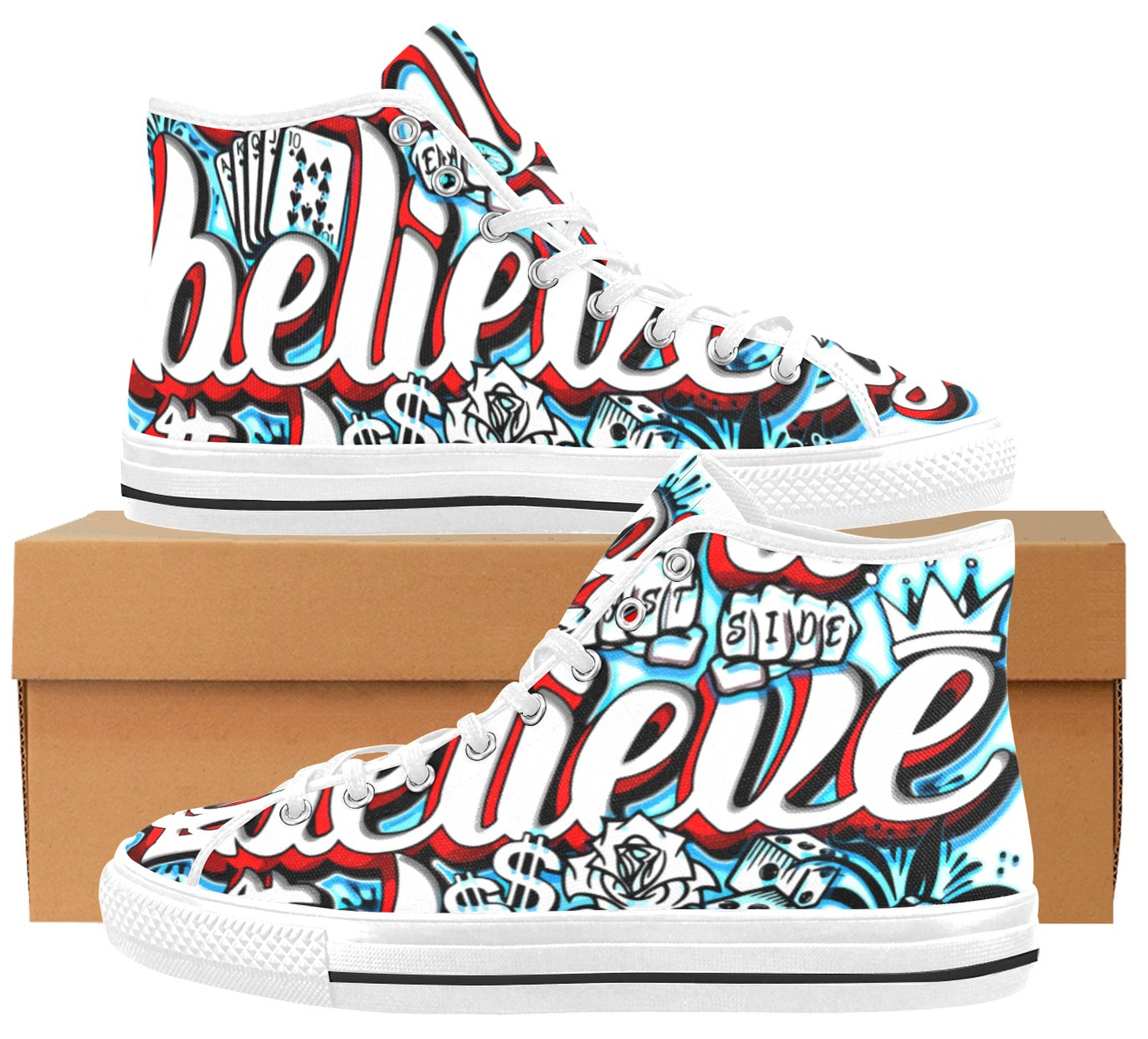 Hiphop Graffiti Blue Text Print Men's High Top Shoes