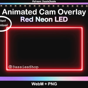 Peut inclure: Superposition de caméra animée à LED rouge néon sur fond noir. La superposition a un cadre rectangulaire aux coins arrondis. Le texte "Téléchargement instantané" est dans un cercle blanc sur le côté gauche de l'image. Le texte "@DassiesShop" est en texte blanc sous le cadre. Le texte "WebM + PNG" est en texte blanc en bas de l'image.