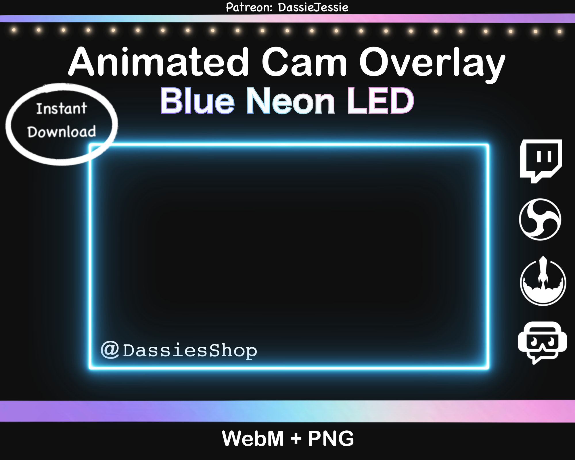 Twitch Overlay for Streaming Blue Neon cam frame Blue Neon cam border with flickering
