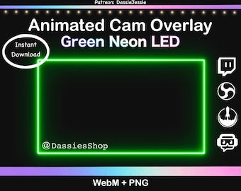 Twitch Neon Animated Camera Overlay Package | Green LED