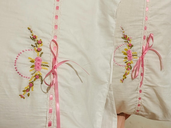 Handmade Embroidered Floral Pillow Cases with Ribbon Lace (Set of 2)