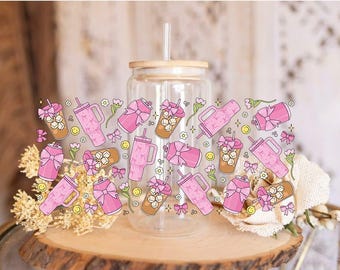 Girly Coffee Glass Can UV DTF Wrap: Coquette Books Design