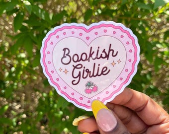 Bookish Girlie Sticker - Pink Heart Doodle Sticker - Hand Drawn Vinyl Decal for Readers