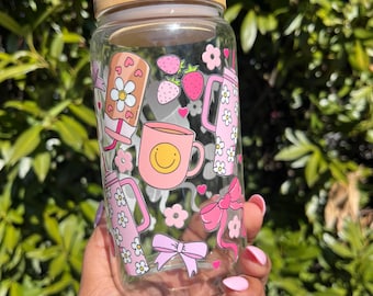 Pink Glass Cup: Bows, Smiles, Strawberries