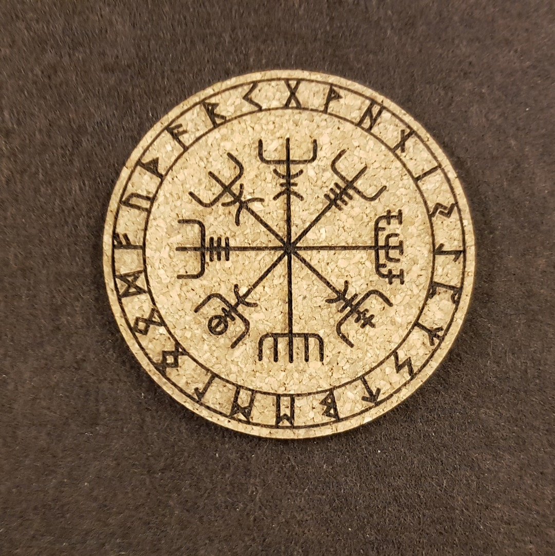 Viking Style 6 Cork Coasters With Laser Engraved Vegvisir, the Viking
