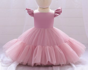 The Ever After Dress in Dusty Rose/ Flower Girl Dress with Flutter Sleeve and Tulle Skirt in Dusty Rose