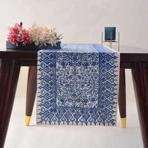 Dark Royal Blue Table Runner Indian Floral Hand Block Printed Cotton Cloth Vintage Table Runner for Home Decor, Room Decor, Side Table, Gift