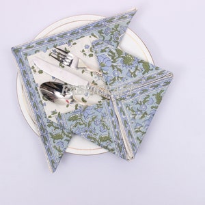 Powder Blue Border Napkins, Floral Hand-Block Printed Cotton Cloth Napkins for Weddings, Home, Outdoor, Picnic, Tiffin, Restaurant, Bar, Pub