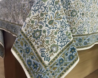 Indigo Floral Tablecloth, Hand Block Print Indian Cotton Boho Border Table Cover for Wedding Tables, Home, Dining Table, Restaurant, Gift