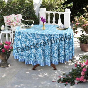 Mantel redondo azul turco, estampado a mano, ecológico, esencial para el hogar, de algodón biodegradable, ideal para bodas, eventos y regalos.