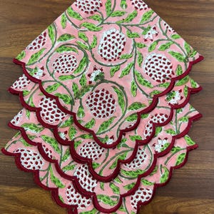 Strawberry Pink Embroidery Napkins Floral Block Printed Cotton Handmade Vintage Embroidery Napkins for Wedding Events, Home Decor, 18X18"