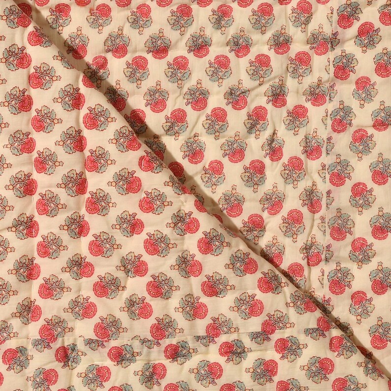 Hand-Printed Cotton Quilt, Floral Comforter, Oversized Bed Throw Blanket image 7