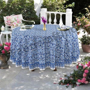Dark Royal Blue Round Tablecloth, Hand Block Printed Eco-Friendly Home Essentials, Biodegradable Cotton Table Cover for Home Wedding Event