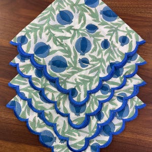 Queen Blue Embroidery Scallop Napkins, Floral Indian Hand Block Printed Cotton Cloth Napkins for Home Decor, Wedding Events, Farmhouse, Gift