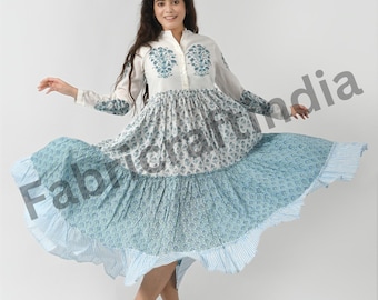 Vestido Maxi de Algodón Estampado Floral Block Print Hecho a Mano con Bolsillo, Estilo Verano Indio para Mujer, Tela Ligera, Atuendo para