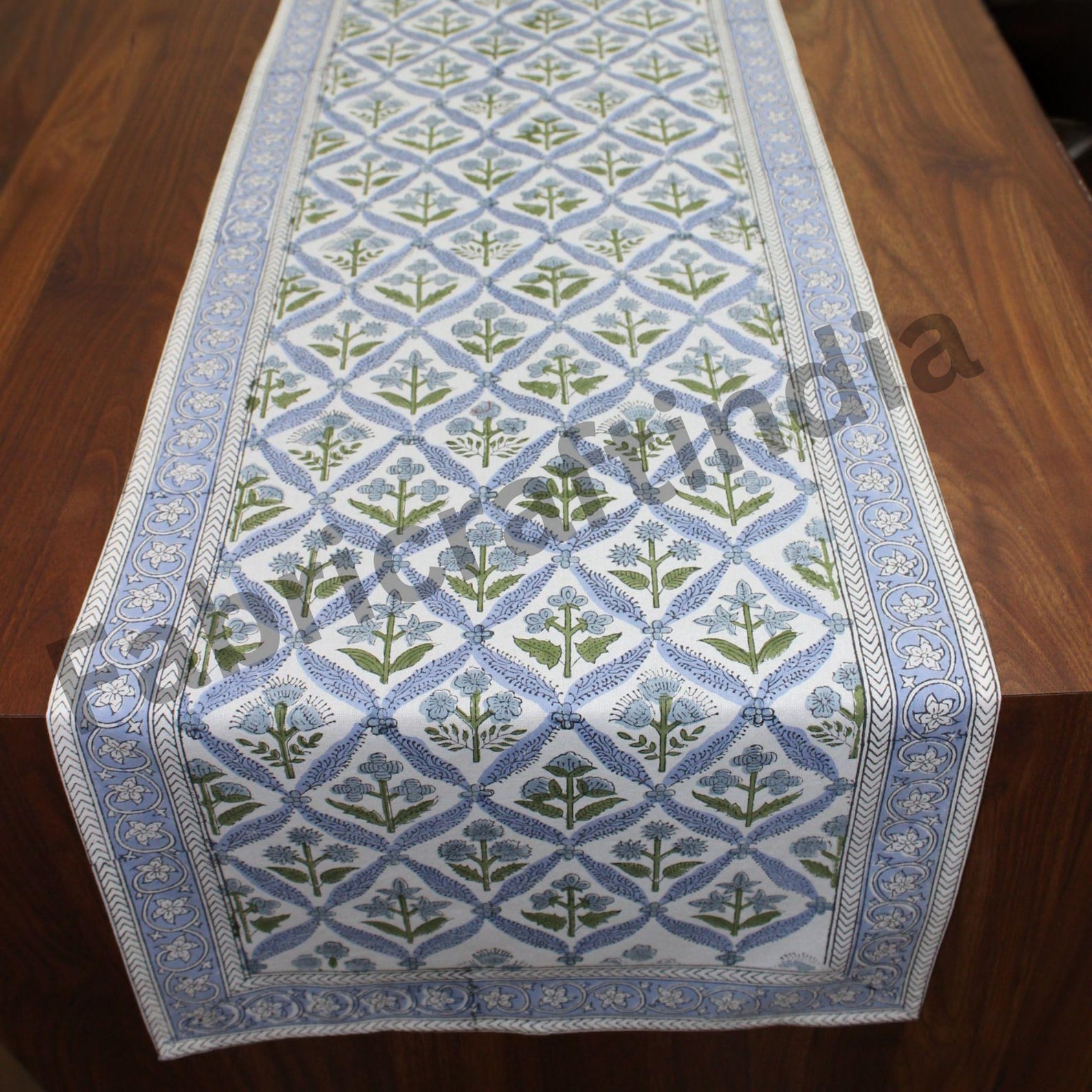 Light Steel Blue Table Runner, Floral Hand Block Printed Bohemian Dining Table Linen, Cotton Washable Table Top, Vintage Housewarming Gift - 16x90"