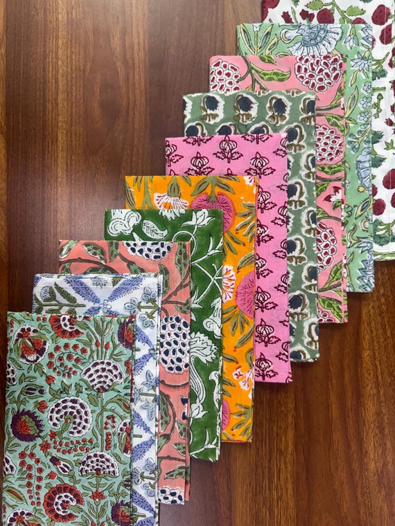 Mix & Match Hand Block Printed Cotton Napkins, Indian Floral Design, Reusable Kitchen Dining Table Napkins, Wedding Party Decoration 18x18"