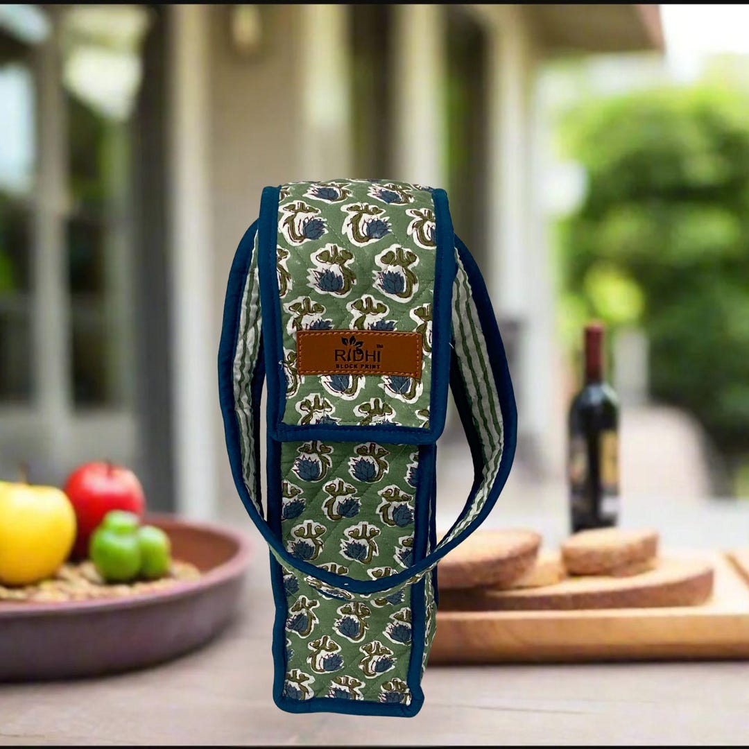 Basil Green Block-printed Cotton Quilted Bottle Cover, Handmade Cover ...