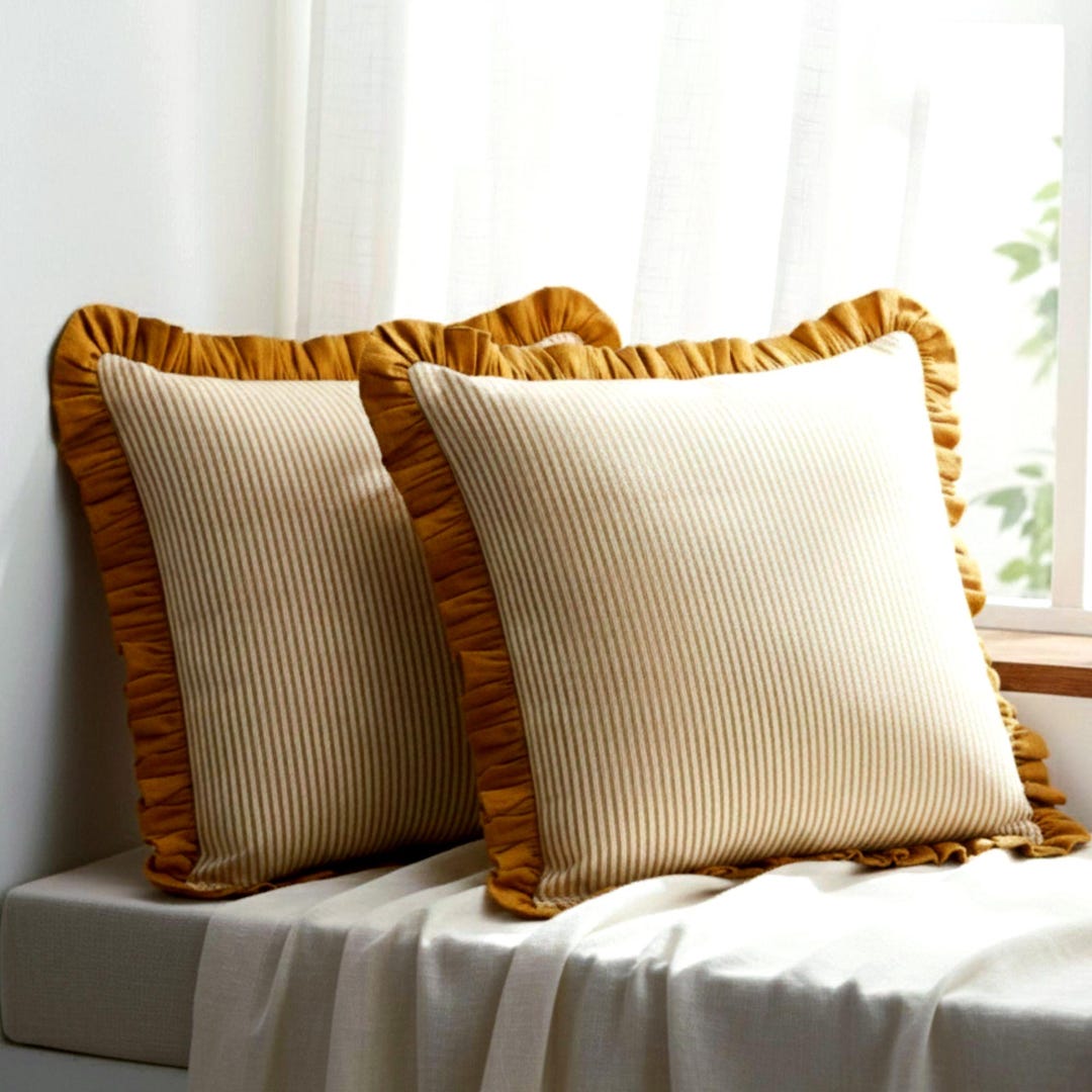 Mustard Ruffle Trim Mustard Stripes Block Printed Ruffle Cushion Cover, Cotton Throw Pillow ...