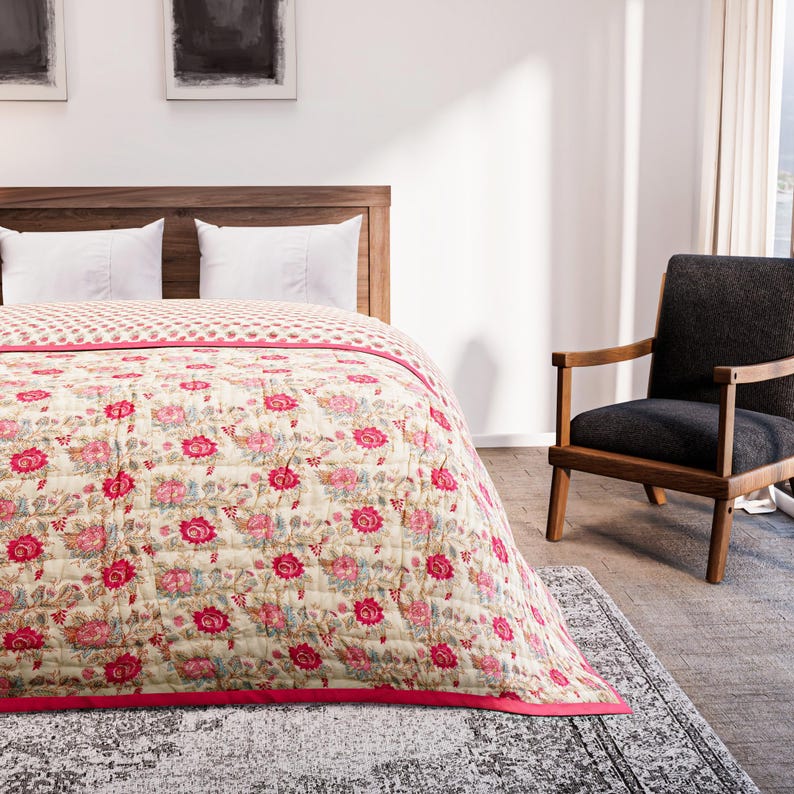 Hand-Printed Cotton Quilt, Floral Comforter, Oversized Bed Throw Blanket image 8