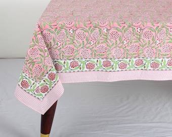 Tablecloth, Strawberry Pink, Green and Red Indian Hand Block Printed Table Cover, Table Top, Wedding Home Birthday Baby Shower Restaurant