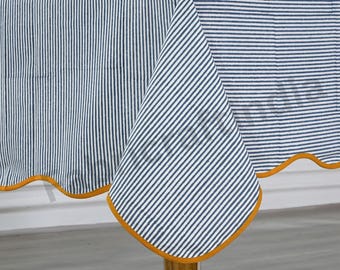 Blue Stripes with Yellow Scallop Piping Tablecloth, Indian Hand-Block Printed Stripes Cotton Table Cover, Vintage Table Top for Wedding Home