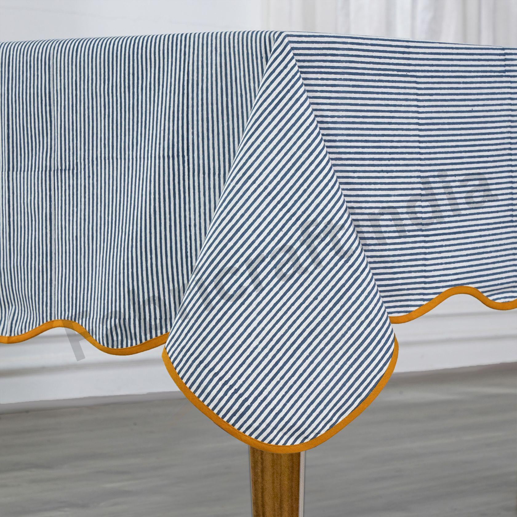 Blue Stripes with Yellow Scallop Piping Tablecloth, Indian Hand-Block Printed Stripes Cotton Table Cover, Vintage Table Top for Wedding Home