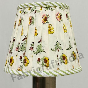 Jasmine Yellow Cotton Cloth Pleated Lamp Shade Small Size Top 4", Bottom 6", Height 5" Hand Block Printed Rustic Designer Fabric Lampshades