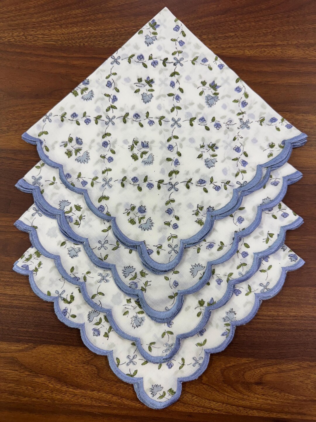Powder Blue Scalloped Edge Napkins, Floral Hand Block Printed Cotton ...