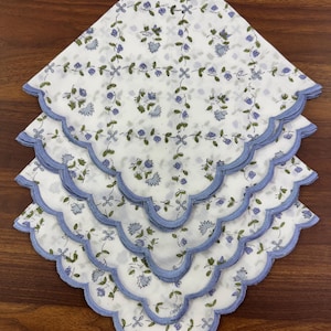 Powder Blue Scalloped Edge Napkins, Floral Indian Hand Block Printed Cotton Cloth French Embroidery Napkins for Home Decor, Wedding Events