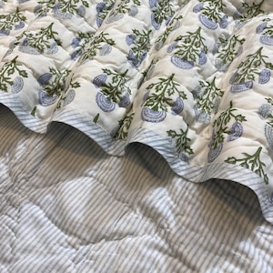 Mughal Buta Blue Comforter Quilt Hand Block Printed Cotton Cloth Quilted Throw Blanket Cover for Couch, Bed, Lap Bedding, Bedroom Decor