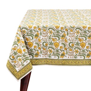 Tablecloth, Biscotti Yellow Indian Hand Block Floral Printed Cotton Table Cover, Table Top French Tablecloth Wedding Home Fall Table Outdoor