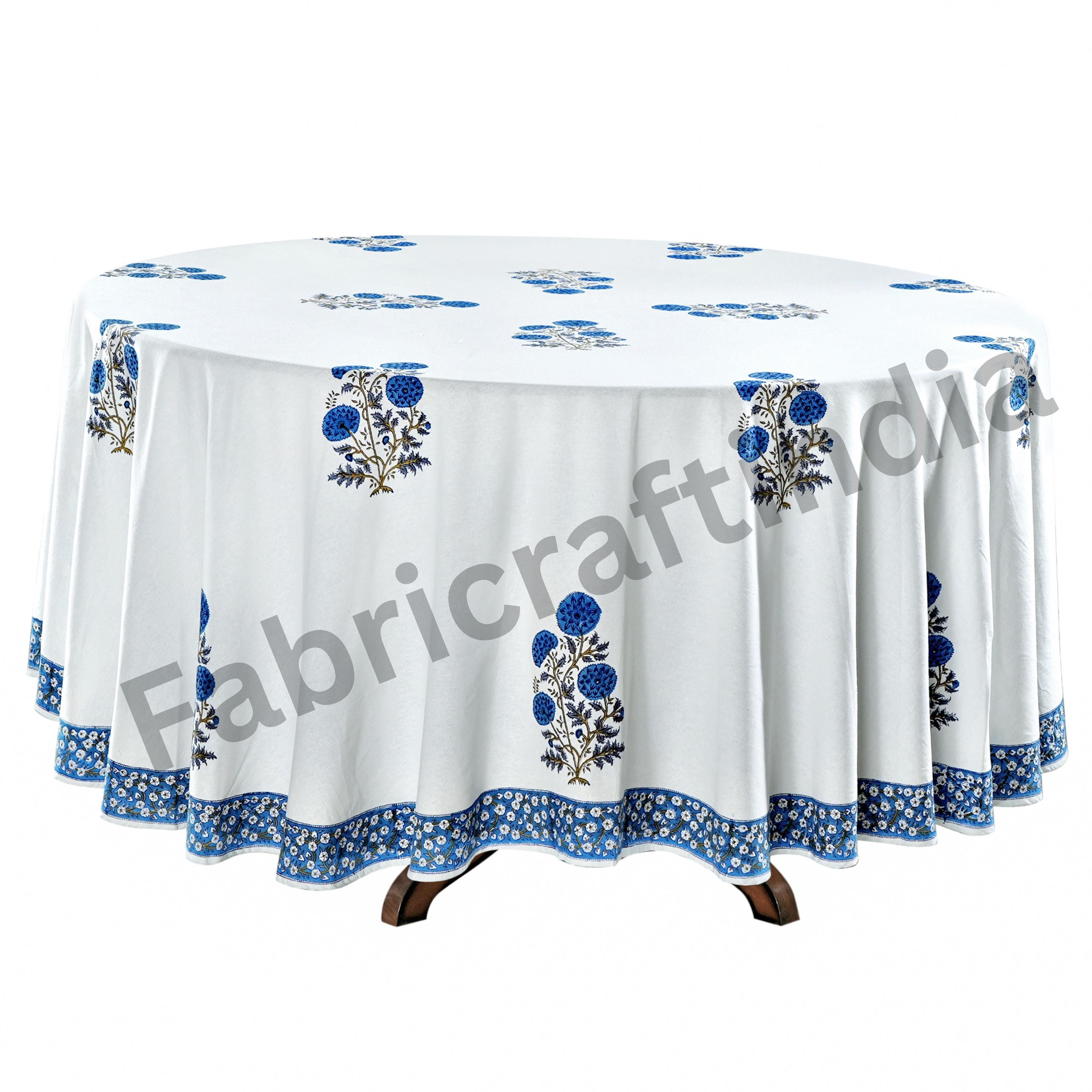 Lapis Blue Round Tablecloth, Hand Block Printed Eco-Friendly Home Essentials, Biodegradable Cotton Table Cover for Home Wedding Event Gift