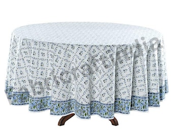 Powder Blue Round Tablecloth, Hand Block Printed Eco-Friendly Home Essentials, Biodegradable Cotton Table Cover for Home Wedding Event Gift