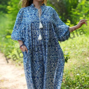 Dark Royal Blue Indian Floral Hand Block Printed Cotton Summer Dress, Comfort Wear Maxi Dress, Daily Wear, Loose Fit Dress, Blue Dress, Gift