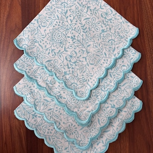 Turquoise Embroidery Scallop Napkins, Indian Floral Hand Block Printed Cotton Cloth Napkins for Wedding Decor, Event, Home, Garden, Outdoor