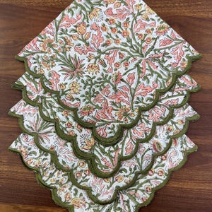 Sassy Salmon Pink Embroidery Napkins, Block Printed Cotton Cloth Napkins, Vintage, French Embroidery Reusable Napkins for Wedding, 18X18"