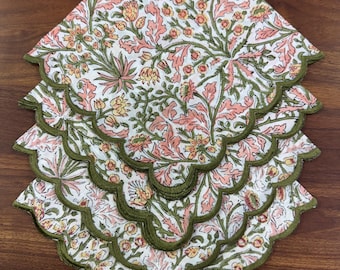 Sassy Salmon Pink Embroidery Napkins, Hand Block Printed Cotton Cloth Napkins, Vintage Floral Dinner & Wedding Decor, Farmhouse Dining