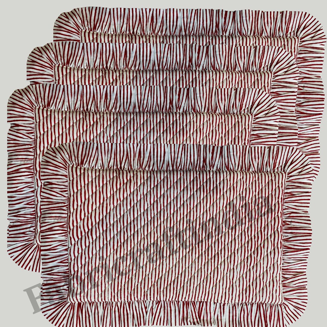 Hard Base Ruffle Mat Ruby Thread Stripe Ruffled Cotton Rectangle Placemat, Block Print ...